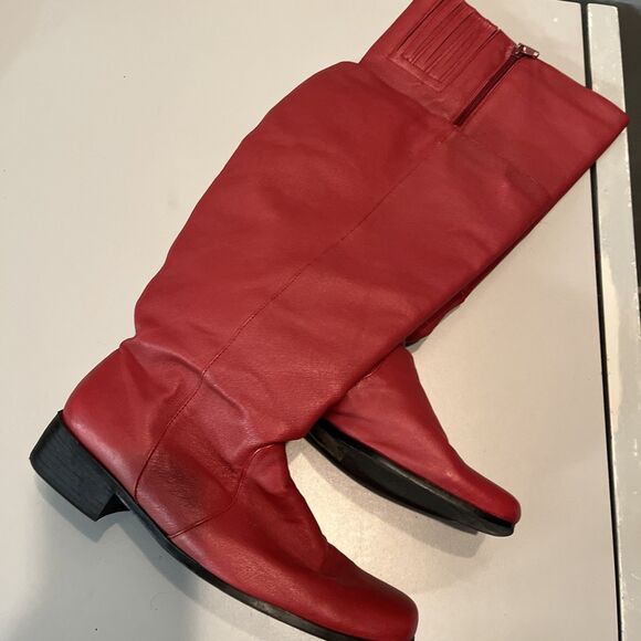 Red Women 10.5 Square Toe Knee High Boots Wide Calf Low Chunky Heel Long Boots - Picture 1 of 7
